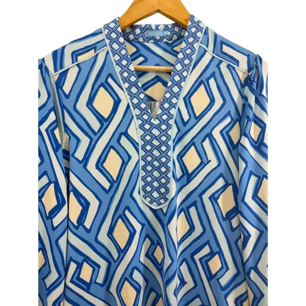 J McLaughlin Emer Dress M Blue Geo Print V-Neck 3/4 Sleeve Midi Casual Resort - Picture 4 of 9